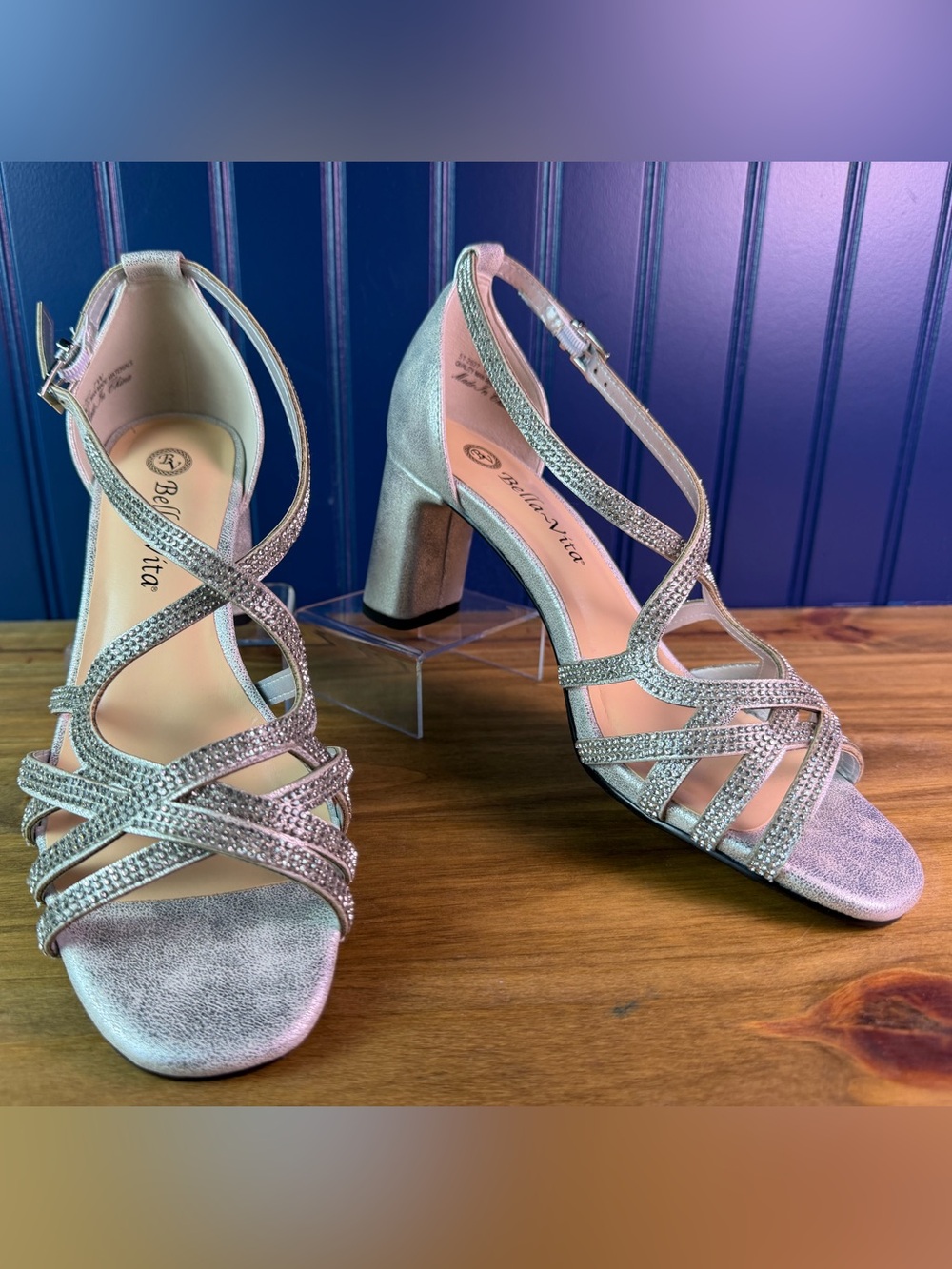 Bella Vita Silver Glitter Strappy Block Heels